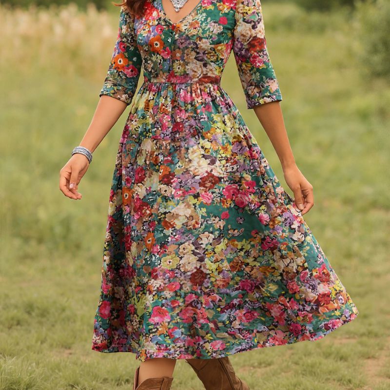 Women's Autumn Winter Fashion Floral Print Long Sleeve Dress - Elegant Versatile Waist - cinching V - Neck Midi Dress-CF51172