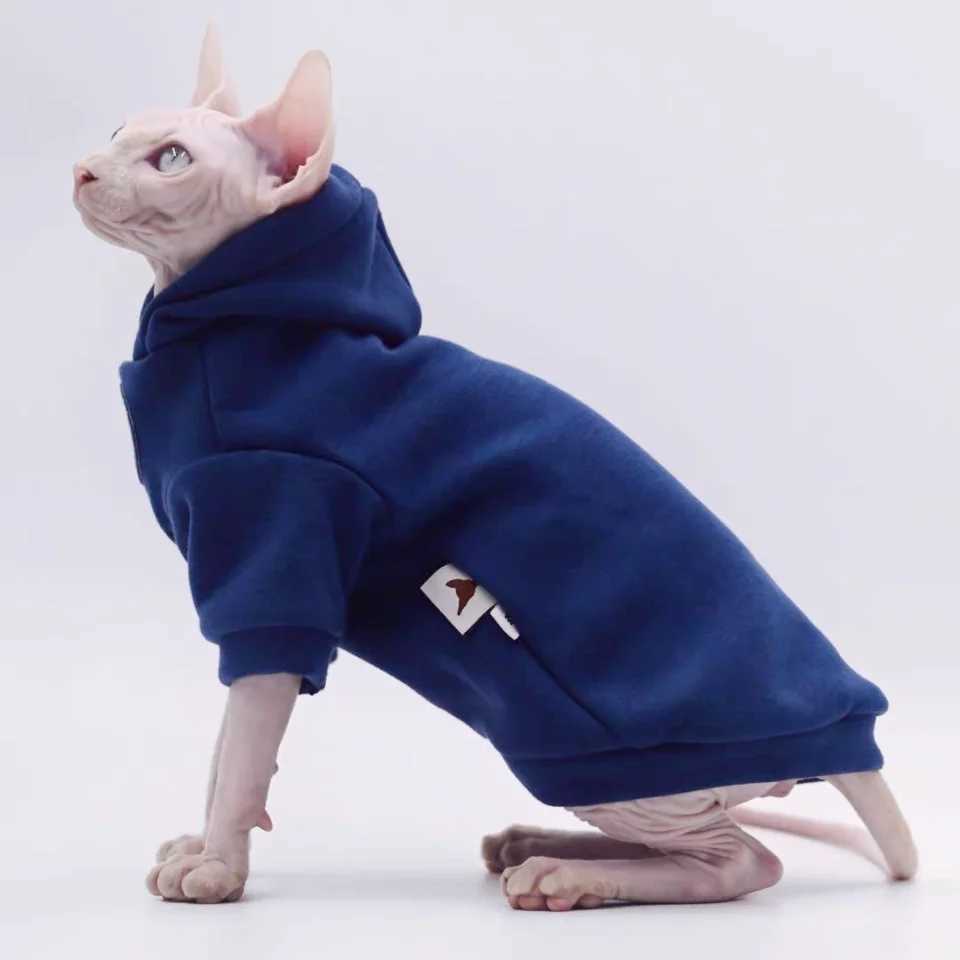 Dark Blue Thick Sweatshirt for Male Cat Winter Warm Hooded Jacket for Sphinx Kittens Spring Autumn Fashion Coat for Small Dogs C251009