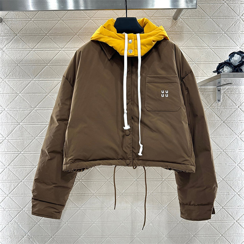 Luxury Cropped Puffy Outerwear For Women Winter Windproof Nylon Jacket Designer Detachable Hat Contrast Color Down Coat Street Travel Long Sleeve Puffers