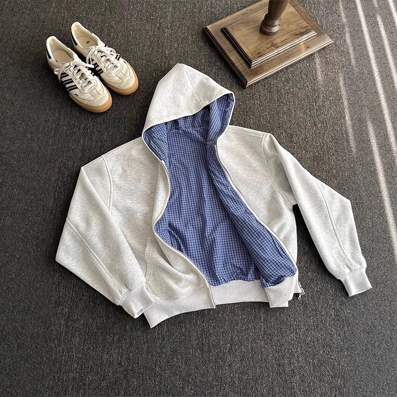Designer Hoodie Designer Shirt Light Gray Hooded Cardigan Sweatshirt For Men Spring And Autumn Plaid Design Reversible Top American Cleanfit Jacket