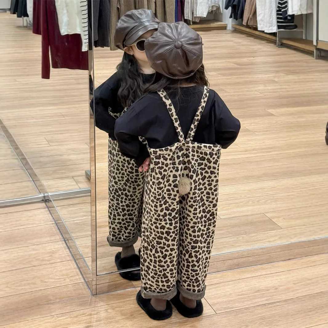 Korean Childrens Back Hairball Leopard Print Overalls Kids Girls Jumpsuit C251009
