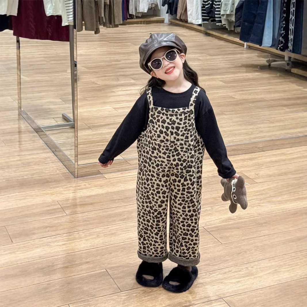 Korean Childrens Back Hairball Leopard Print Overalls Kids Girls Jumpsuit C251009