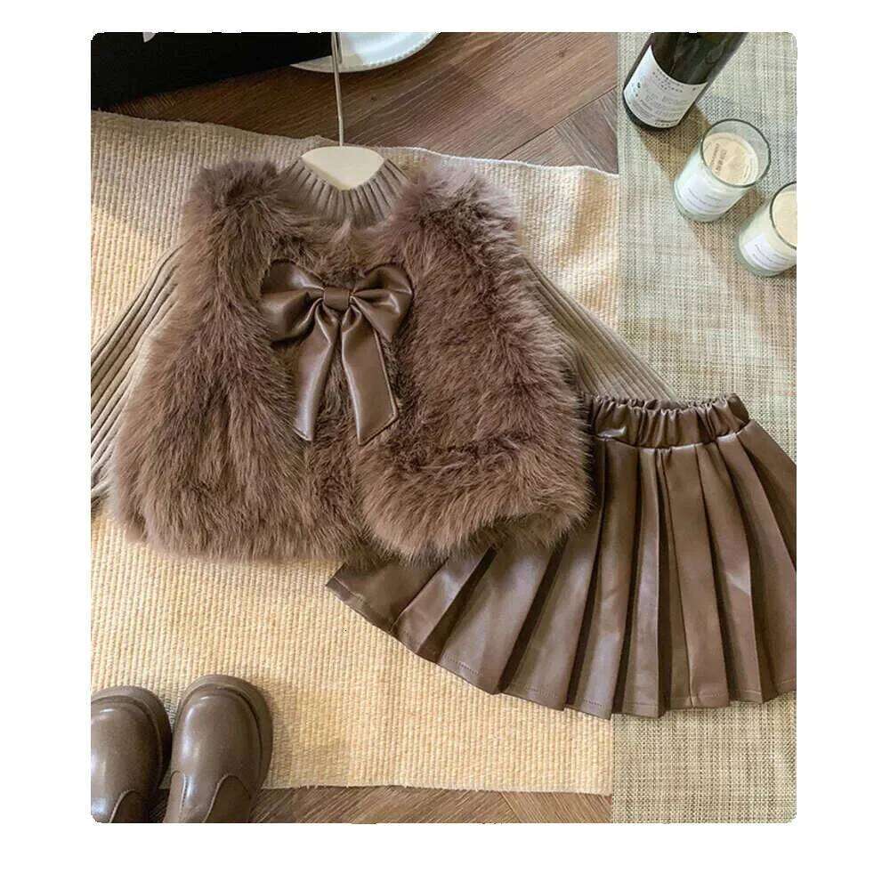 Autumn Winter Baby Girl Clothes Skirt Set Bow Princess Dresses Knit Long Sleeve Sweater Furry Vest Coat A-line Thicken Pleated Dress Three P