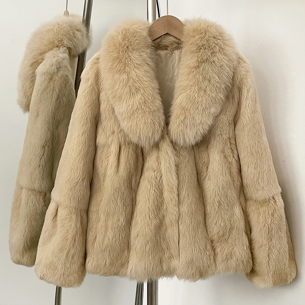 ity Fur Jacket Lady Natural Rabbit Fur Coat Female 2025 Thick Warm Ashion Fluffy Fox Fur Collar Winter Coat for Women 251009