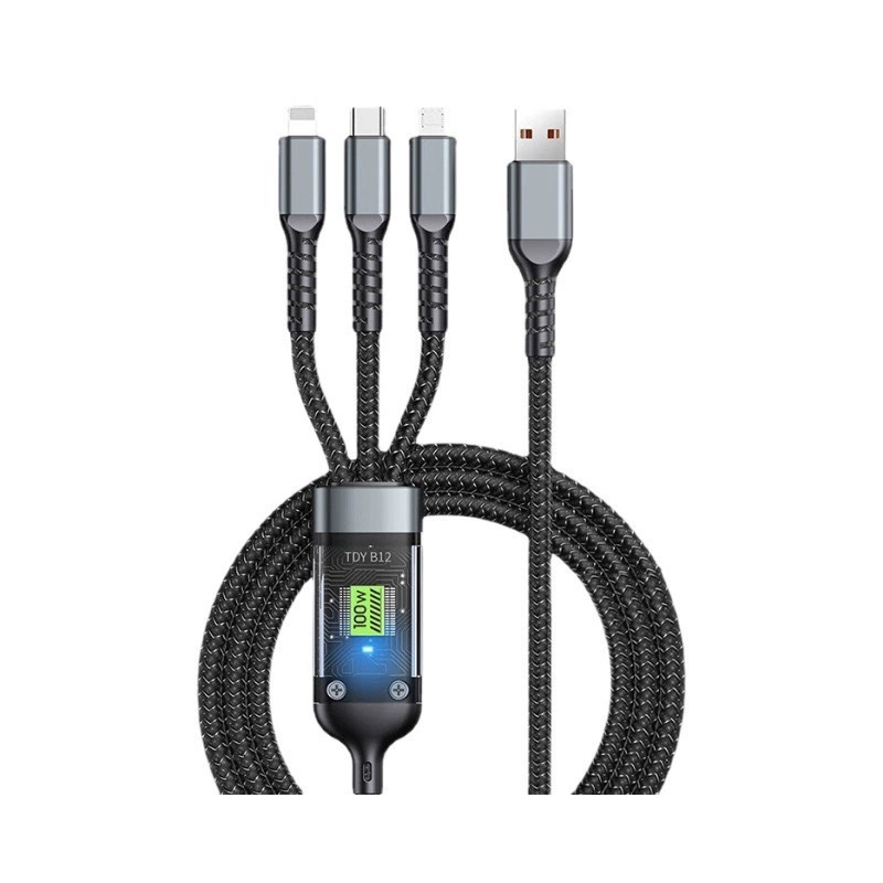 100W 3 In 1 Transparent Pilot Lamp Super Fast Charging Cable 6A Universal with Type C Usb Micro for Samsung Huawei Xiaomi IiPhone 17 16 15 14 13 12 Pr