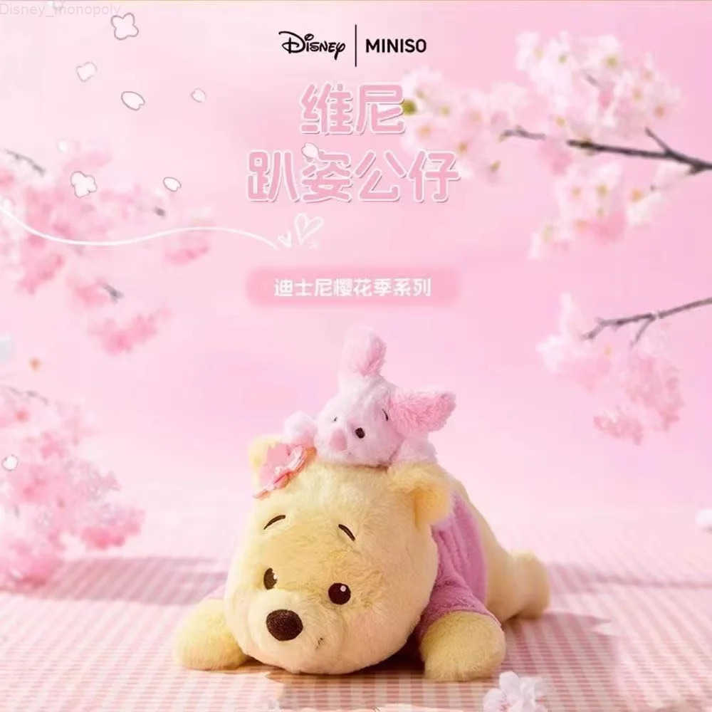 Disney Stitch And Winnie The Pooh Lying Down Plush Doll Pastel Pink Cherry Blossom Theme Cute Plushies For Birthday Present Toy H251009