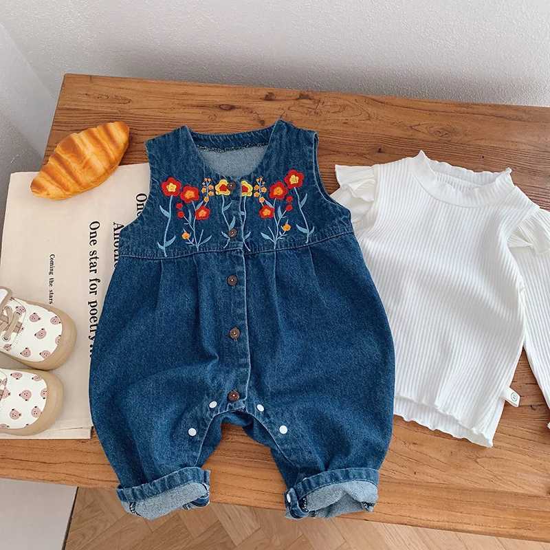 2024 Spring Autumn Infant Girls Jeans Embroidery Floral Denim Jumpsuit Cotton Sleeveless Button Romper Children Girls Outfits C251009