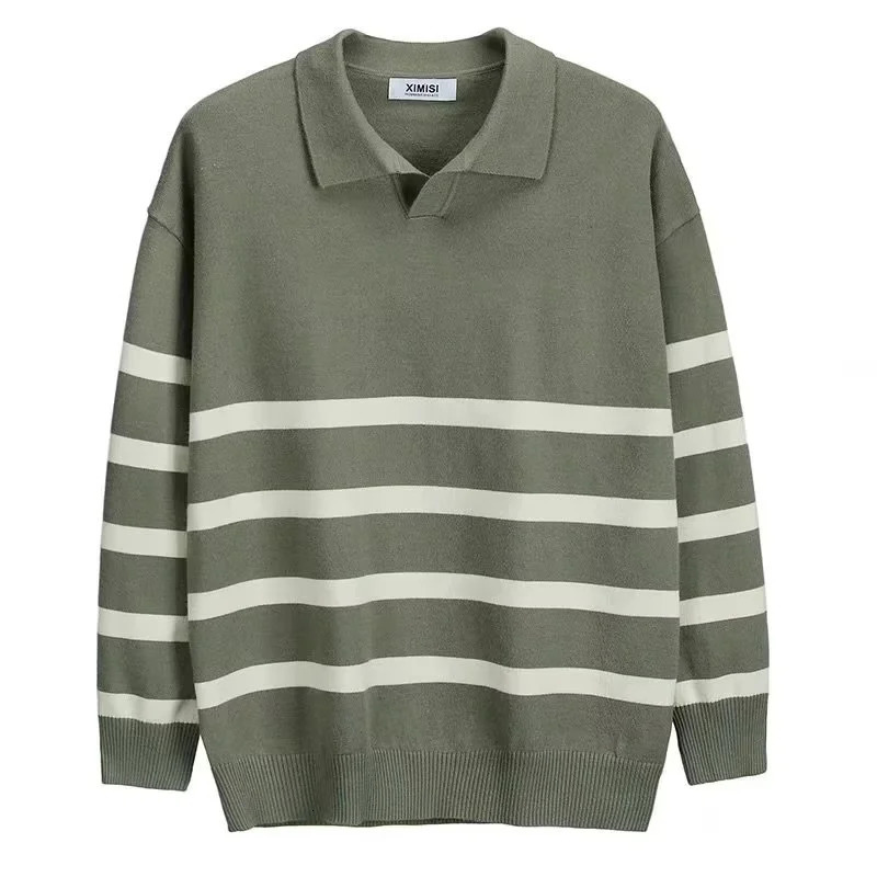 Autumn Simple Lapel Striped Sweater For Men Casual Vintage Korean Fashion Knitwear Top Y2K Loose Knitted Pullover Jumper 251009