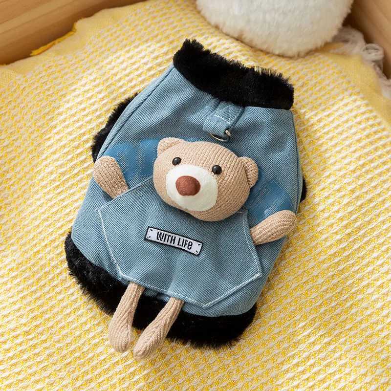 Cat autumn and winter thickened warm pocket threedimensional bear denim traction vest small dog pet clothes C251009