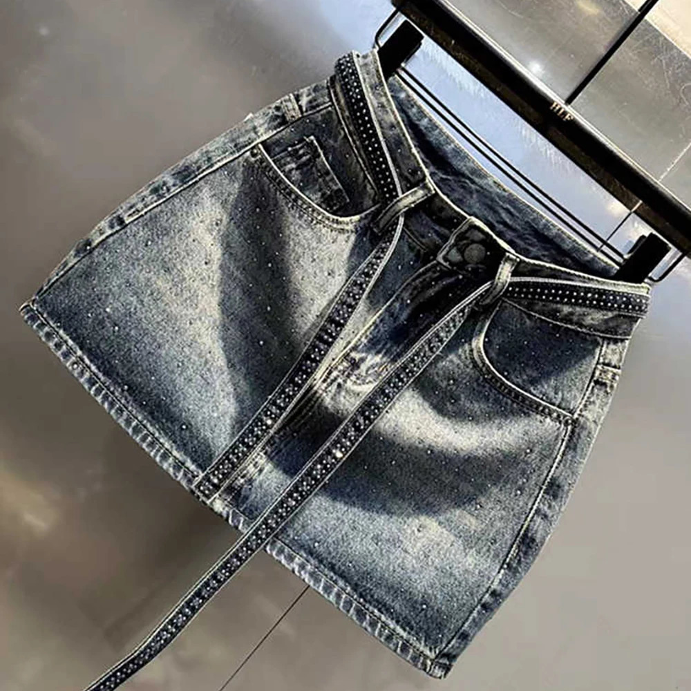 Oversize Retro Diamond Denim Mini Skirt for Women Summer High Waist Shiny Rivet Slim Skirts Gradient Black Grey Jean y250922