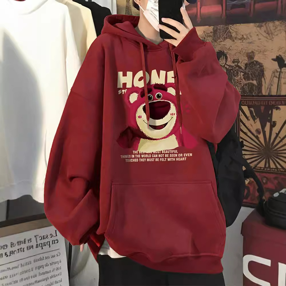 Oversize Designer Shirt Burgundy Strawberry Bear Designer Hoodie Heavyweight Sweatshirt For Men Autumn Style American Trendy High Street Retro Jacket