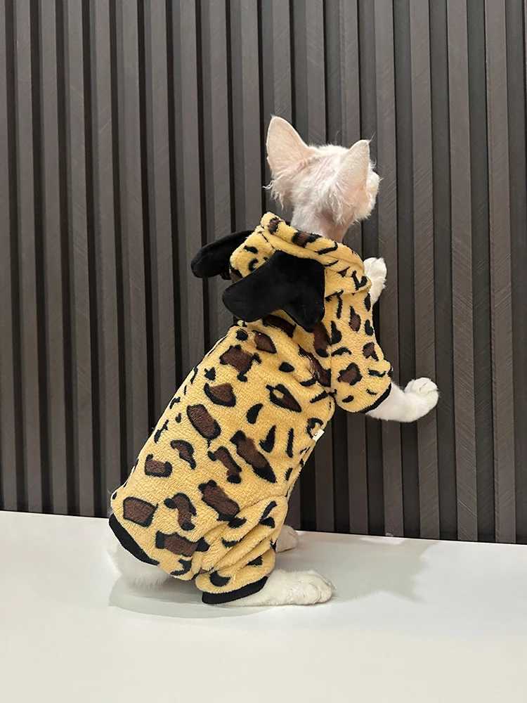 Cat Clothes Winter Warm Fleece Leopard Pattern hooded Sweatshirt for Sphynx thick Costume for Kittens Soft Coat for Devon C251009