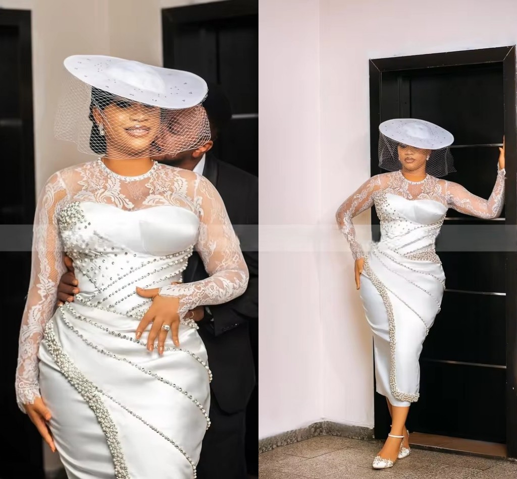Pearls Sequined Lace African Wedding Dress With Long Sleeves Modern White Satin Sheath Tea Length Bridal Gowns Reception After Party Dress For Bride Plus Size LG0411