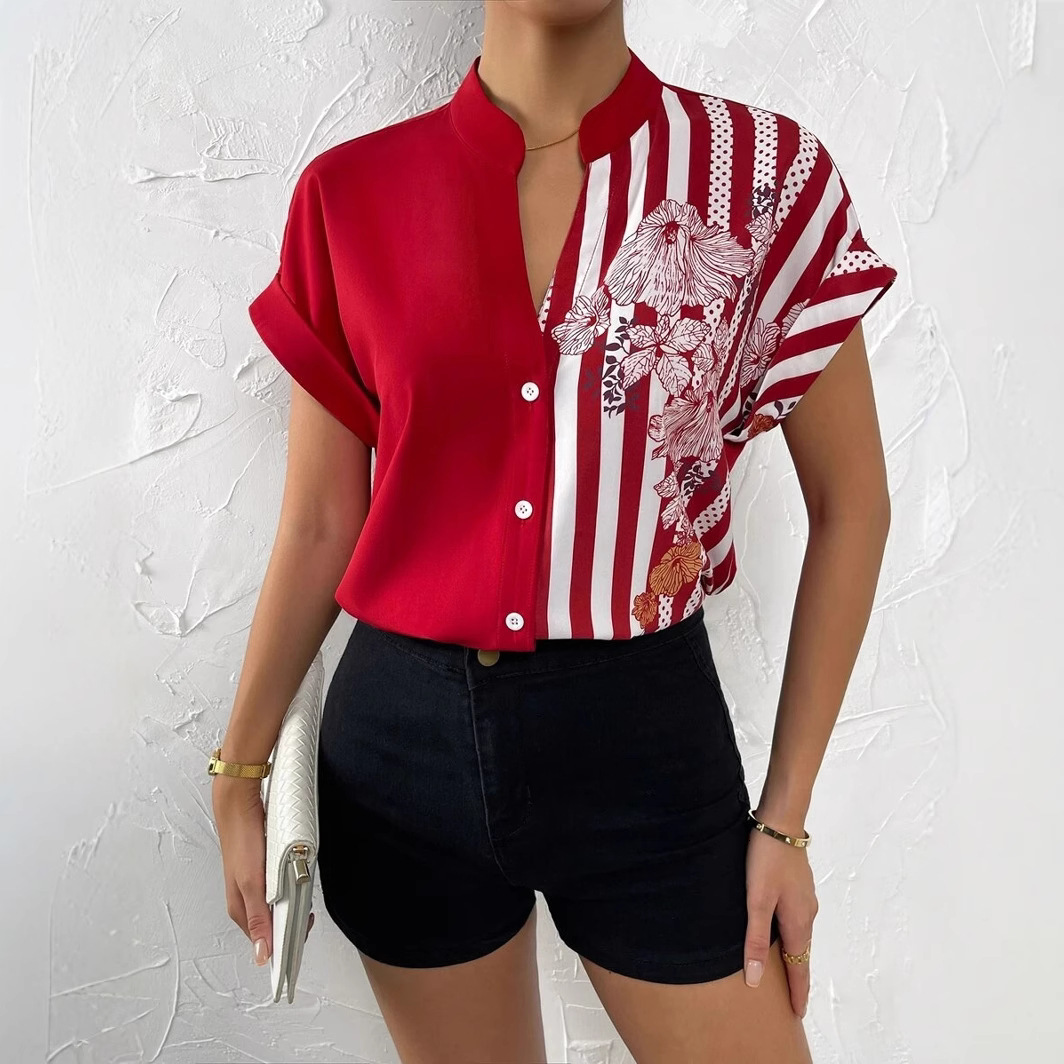2025 Womens Summer Double Color Block Floral Button Cardigan Short Sleeve Shirt 250314