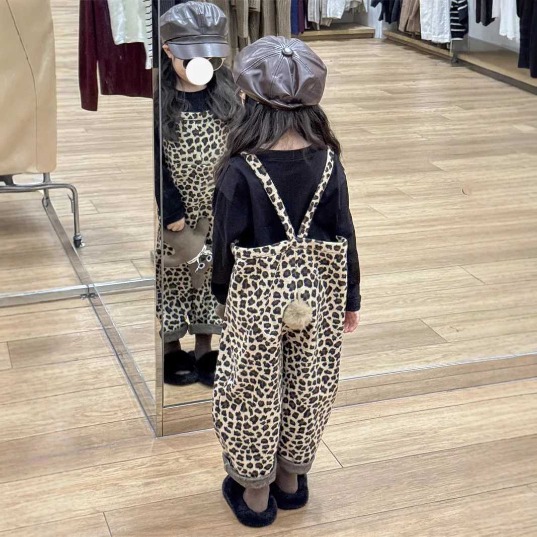 Korean Childrens Back Hairball Leopard Print Overalls Kids Girls Jumpsuit C251009