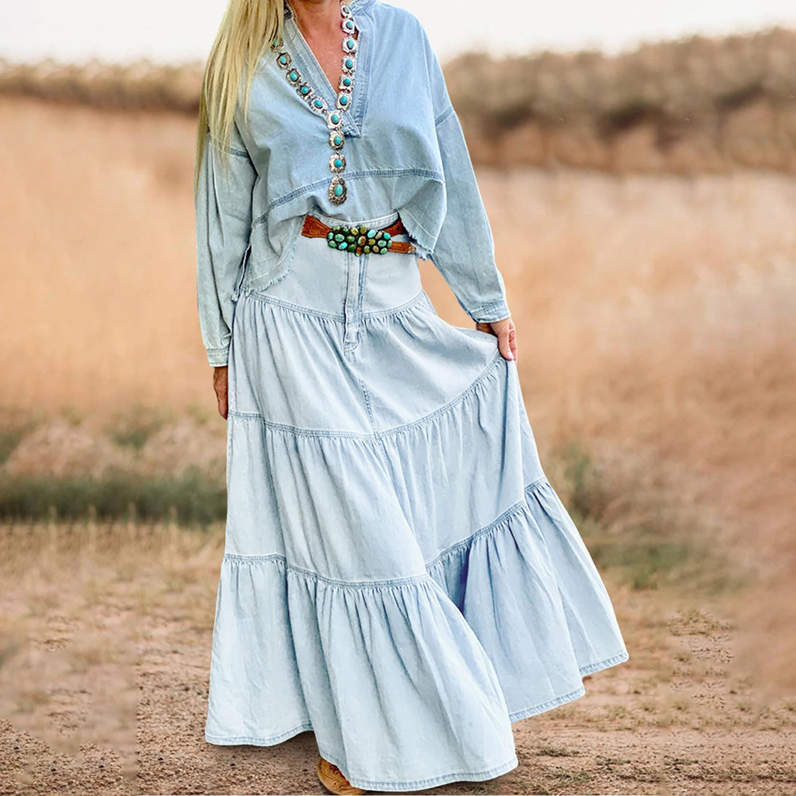 2025 Fashion Womens Denim Long Skirt Stylish Solid High Waist ALine Jean for Summer Spring 250922