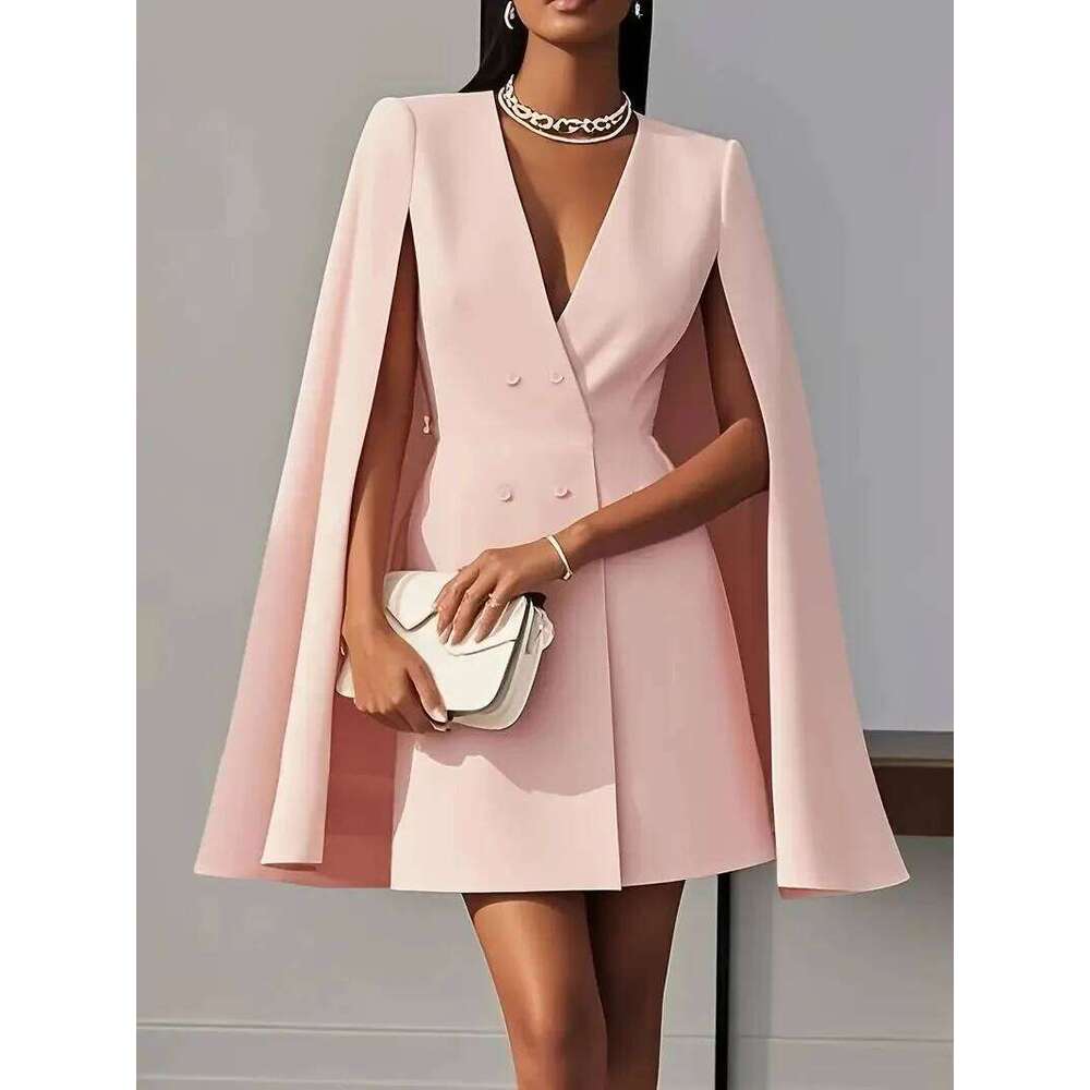Women Fashion Commuter Solid Blazers Office Double Breasted Waist Party Elegant V-neck Shawl Cape Sleeve Midi Dress