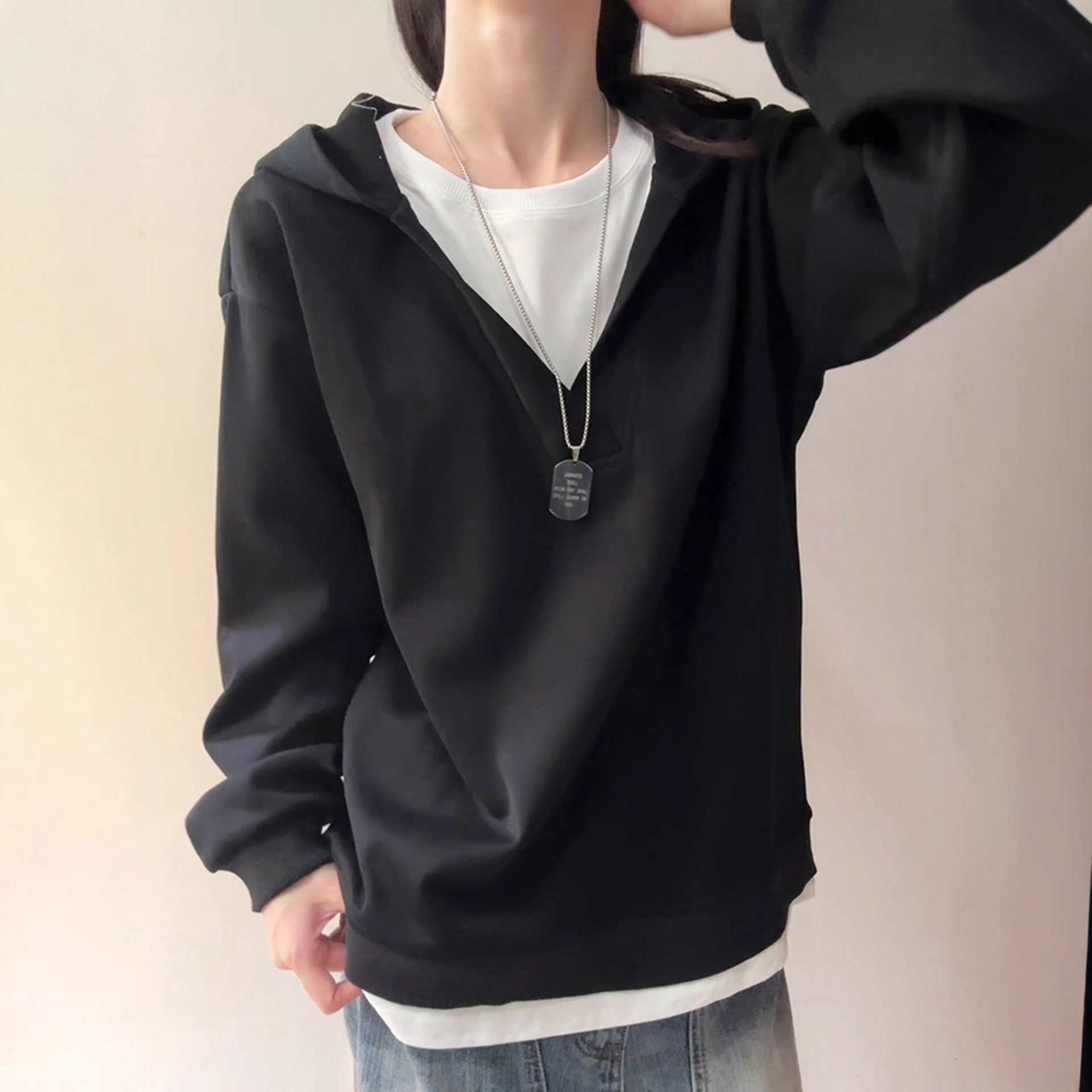 Black Designer Hoodie Designer Shirt Hooded Sweatshirt For Men Autumn American Style V-neck Heavyweight Long Sleeve T-shirt Couple Cleanfit Jacket