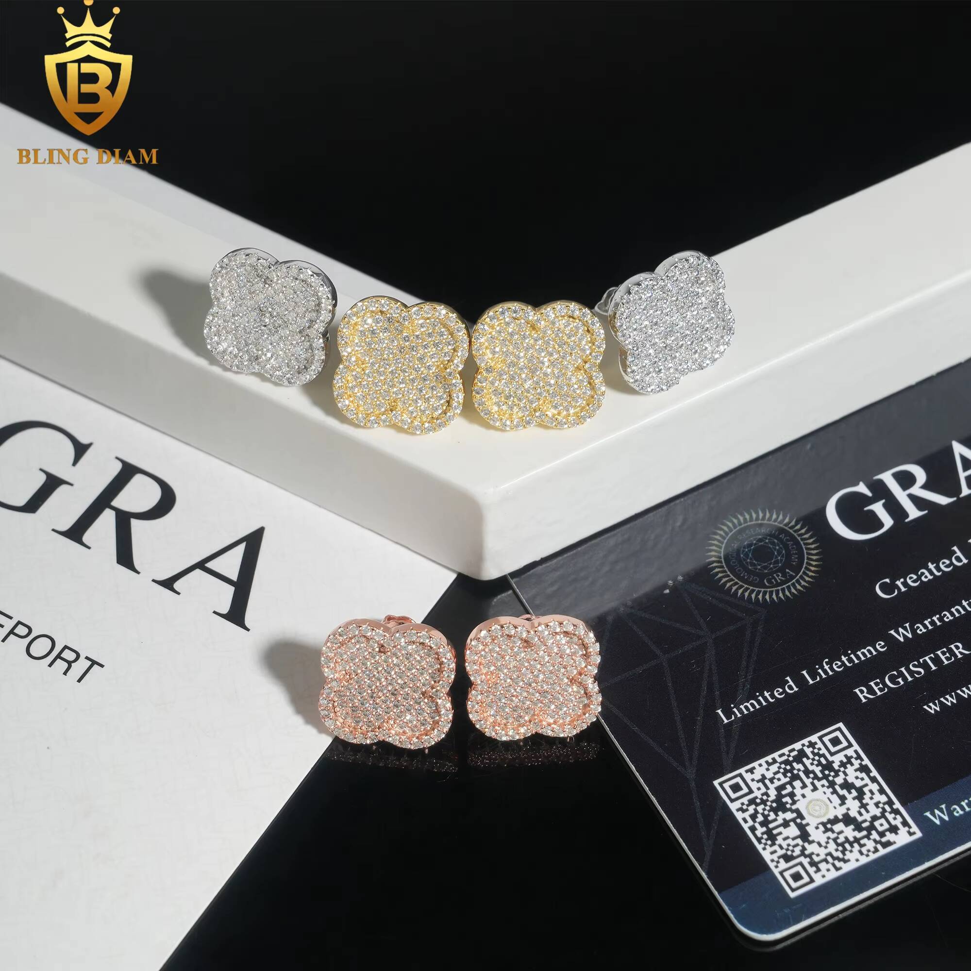 Fine Jewelry 925 Sterling Silver Vvs1 Moissanite Clover Stud Earrings Rose Gold Plated Gra Certificate