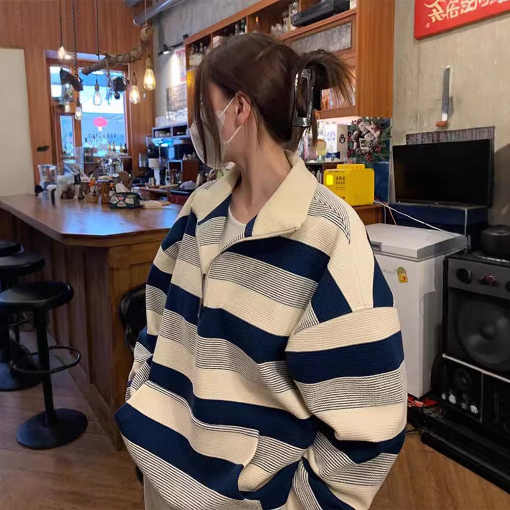 Designer Designer Shirt Hoodie American Retro Half-zip Striped Sweatshirt For Women Spring And Autumn Thin Oversize Loose Long Sleeve Top European Style