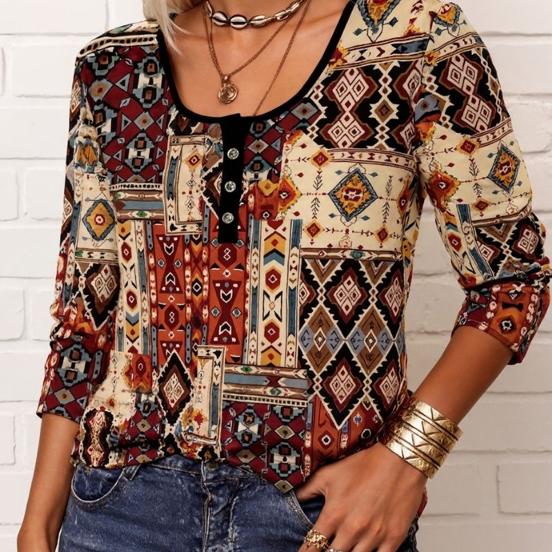 Women's Ethnic Style Geometric Print Long Sleeve Top - Vintage Coffee - Colored Milk Silk Casual Blouse-CF23350