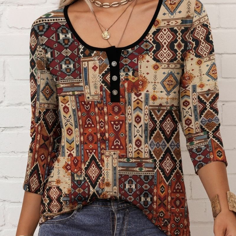 Women's Ethnic Style Geometric Print Long Sleeve Top - Vintage Coffee - Colored Milk Silk Casual Blouse-CF23350