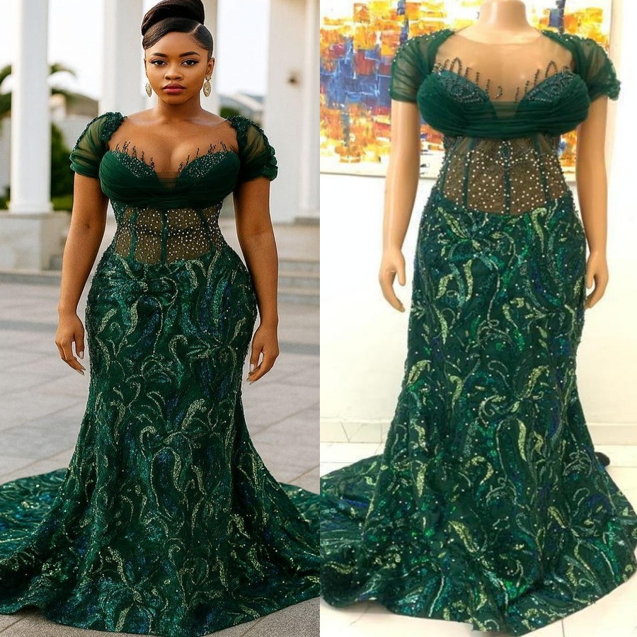 Mermaid Dark Green Prom Dresses 2025 Beaded Lace Sheer Neck Vintage Evening Formal Party Second Birthday Engagement Gowns Plus Size Dress For Special 