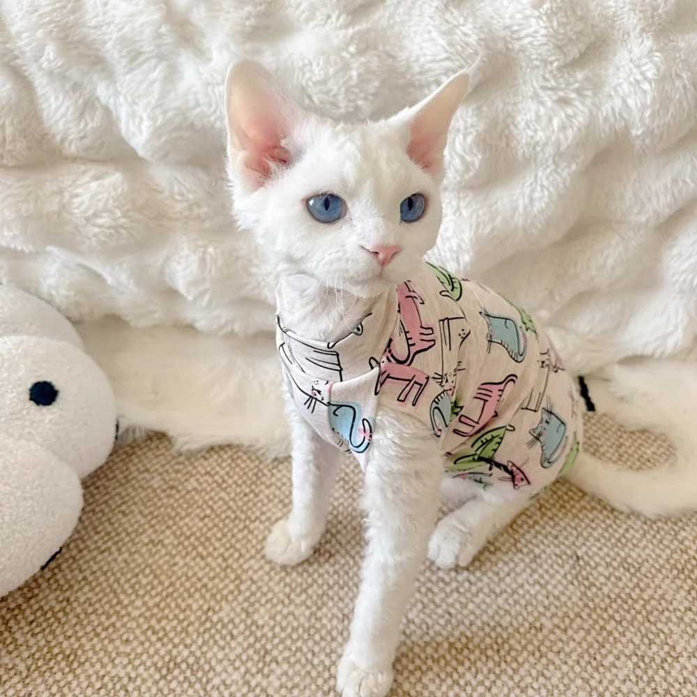 Cartoon Cat Printing Cotton Vest for Sphinx Cat in Summer Short Sleeves Tshirt for Devon Rex Light Grey Thin Coat for Devon Rex C251009