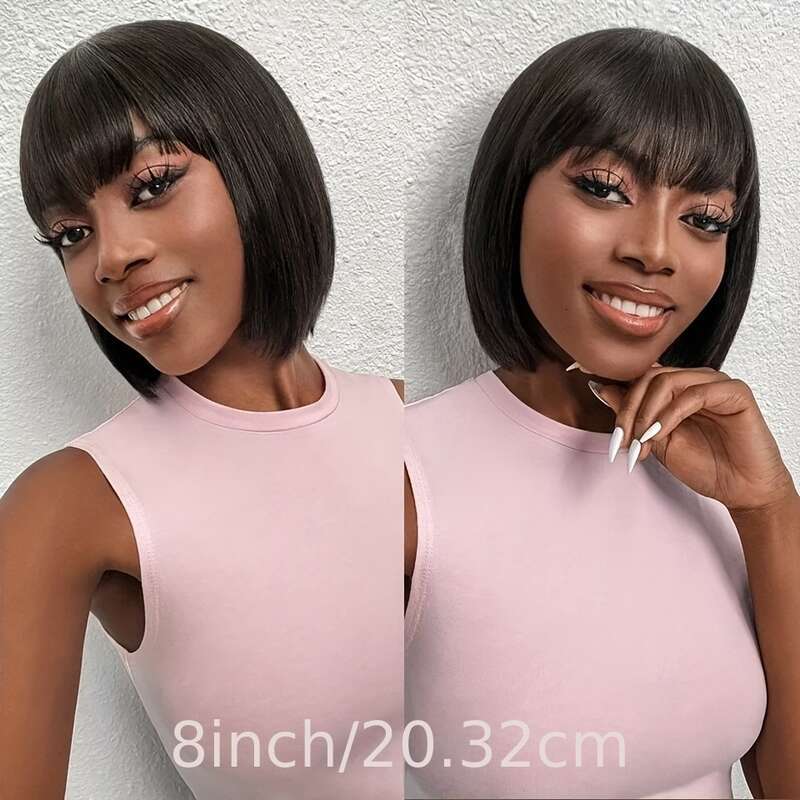Short Bob Cut With Bangs Glueless Straight Braizilian Human Synthetic Hair Wigs For Women 8-14 Inch
