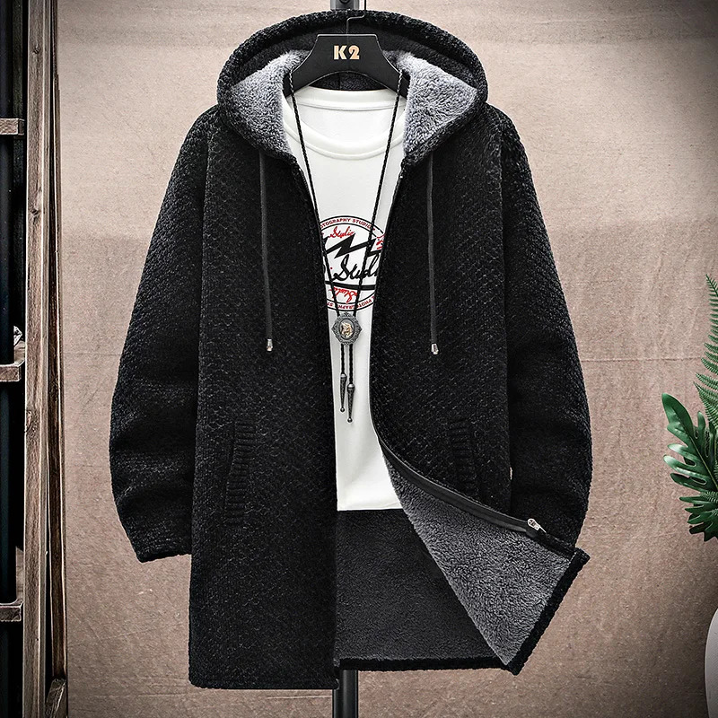 Mens Cardigan Cashmere Long Coat Sweaters with Hoods Autumn Winter Fleece Warm Solid SweaterCoat Windbreaker Men Clothing 2501008