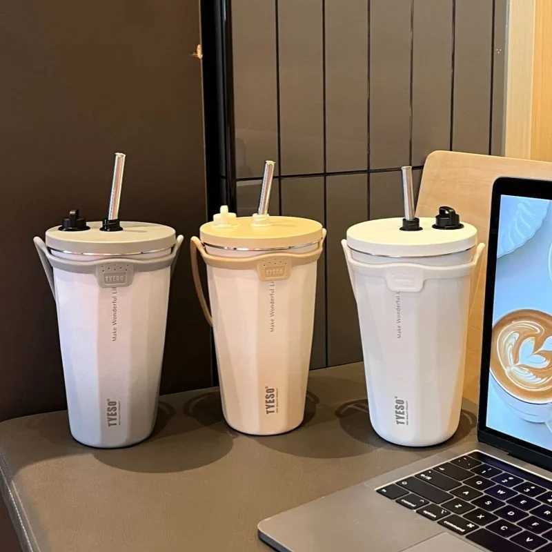 Stainless Steel Coffee Cups Vacuum Insulated Mugs Portable Large Capacity Ice Bar Thermal Cup with Silicone Rope Straw Water Cup C251008