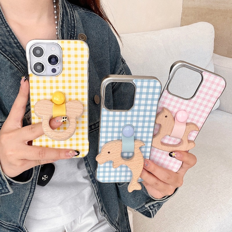 for iPhone 16 Pro Max Case Cute Aesthetic Gingham Ins Borderless Ring Wooden Horse Stand Phone Case Soft Slim TPU Shockproof Phone Cover for Women Gir