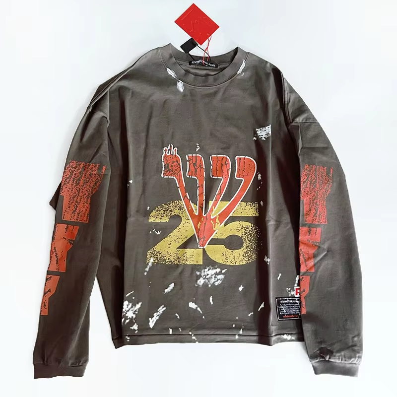 Charcoal Gray Splashed Ink Long Sleeved T Shirt Men Women Streetwear Short But Wide Cotton Tee Tops Vintage T-Shirt