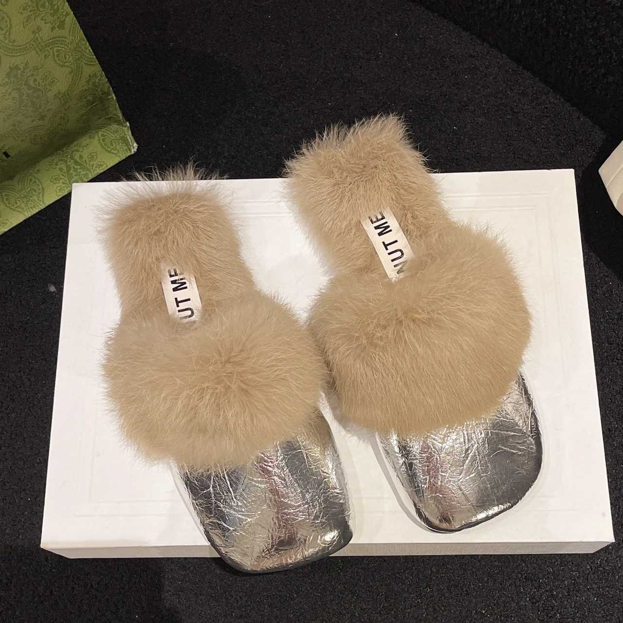 new designer sier leather winter slippers wen square toe fur slides shoes flat heel plush padded warm mes pantuflas mujer Y251009