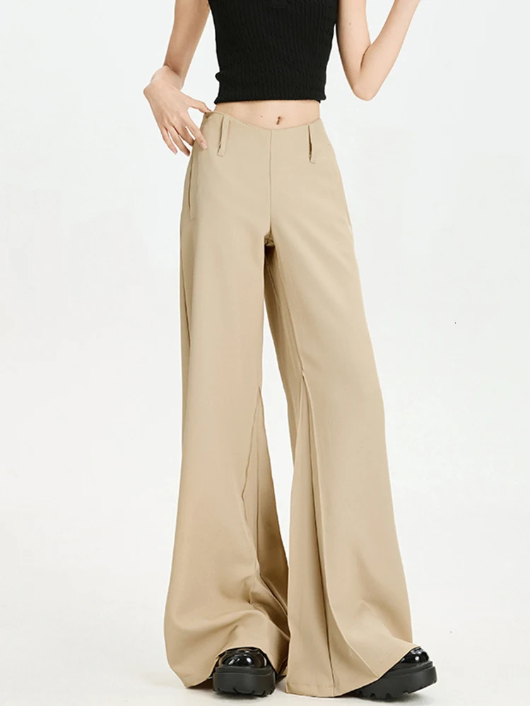 Botvotee Womens VWaist Low Rise Trousers Flared Wide Leg Dress Pants American Retro Drag Hem Fluid Drape Office 2501008