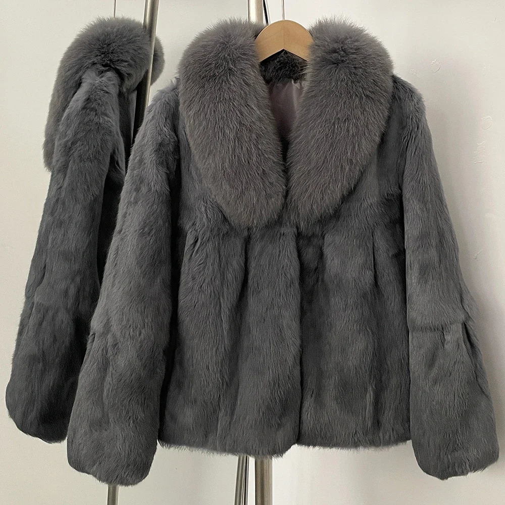 ity Fur Jacket Lady Natural Rabbit Fur Coat Female 2025 Thick Warm Ashion Fluffy Fox Fur Collar Winter Coat for Women 251009