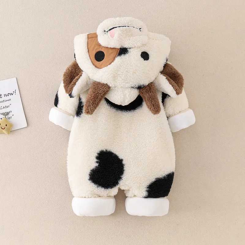 Cute Winter Baby Girls Boys Hooded Romper Plush Cow Print Zipper Jumpsuit Toddler Long Sleeve Cartoon Playsuits Party Costume C251009