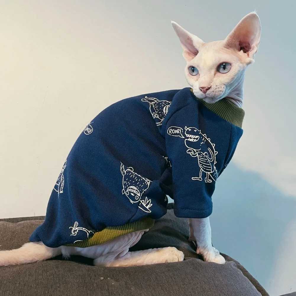 Cat Clothing Dark Blue Cotton TShirt for Male Cat Long Sleeves Dinosaur Coat for Sphynx Cat Soft Pajamas for Kittens in Spring C251009