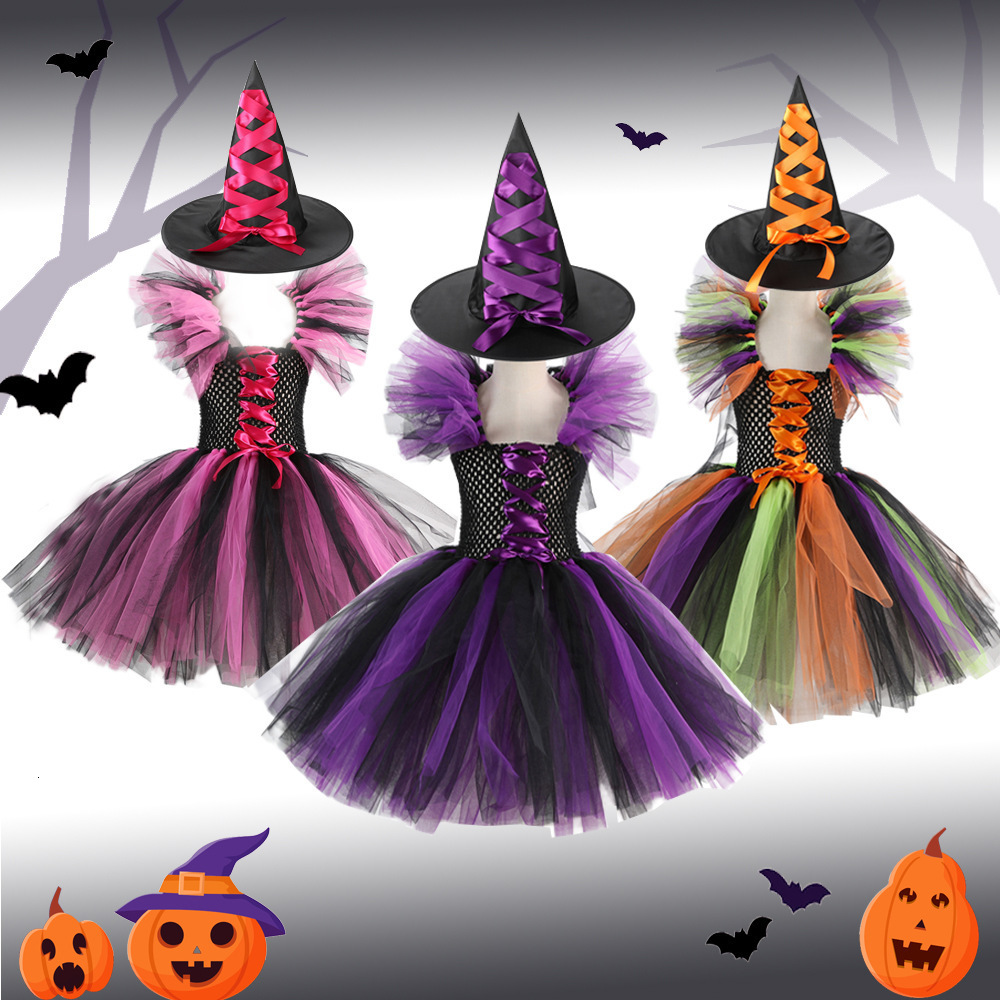 Halloween Childrens Witch Costume Puffy Skirt Girls Masquerade Tutu Skirt Performance Costume Girls Party Toddler Kids Pumpkin Carnival Evening Dresse