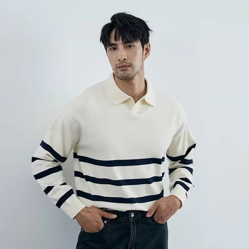Autumn Simple Lapel Striped Sweater For Men Casual Vintage Korean Fashion Knitwear Top Y2K Loose Knitted Pullover Jumper 251009