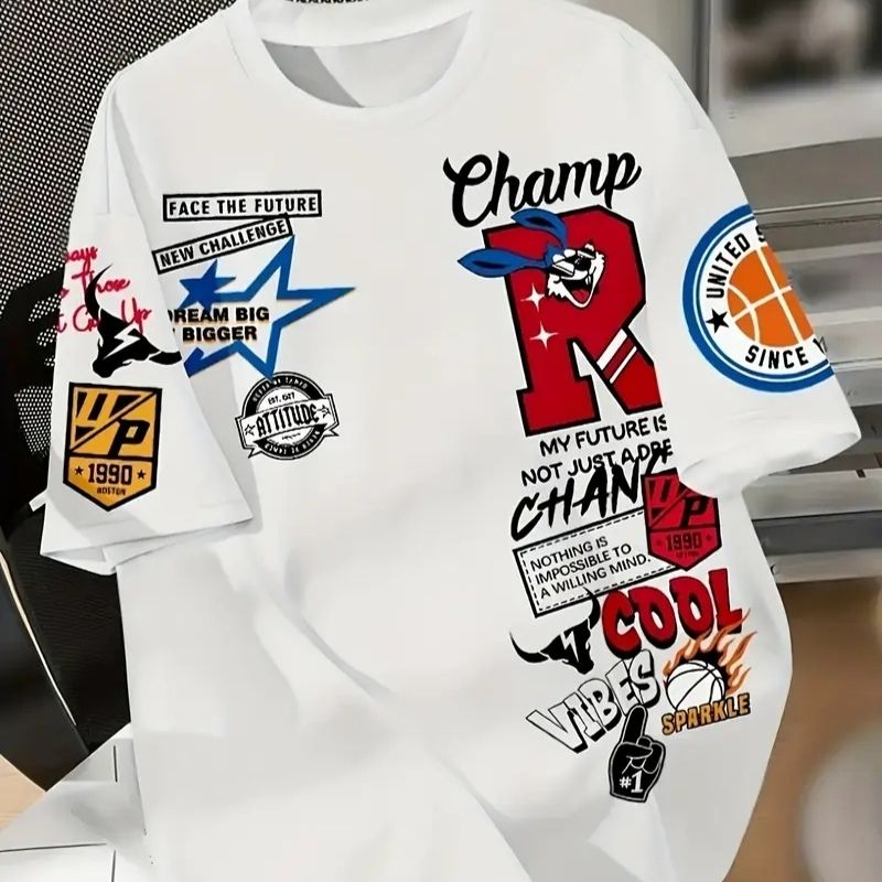 Men's Streetwear "Champ R" Motivational Graphic Oversized T-Shirt - Basketball & Inspirational Slogan Casual Tee-27