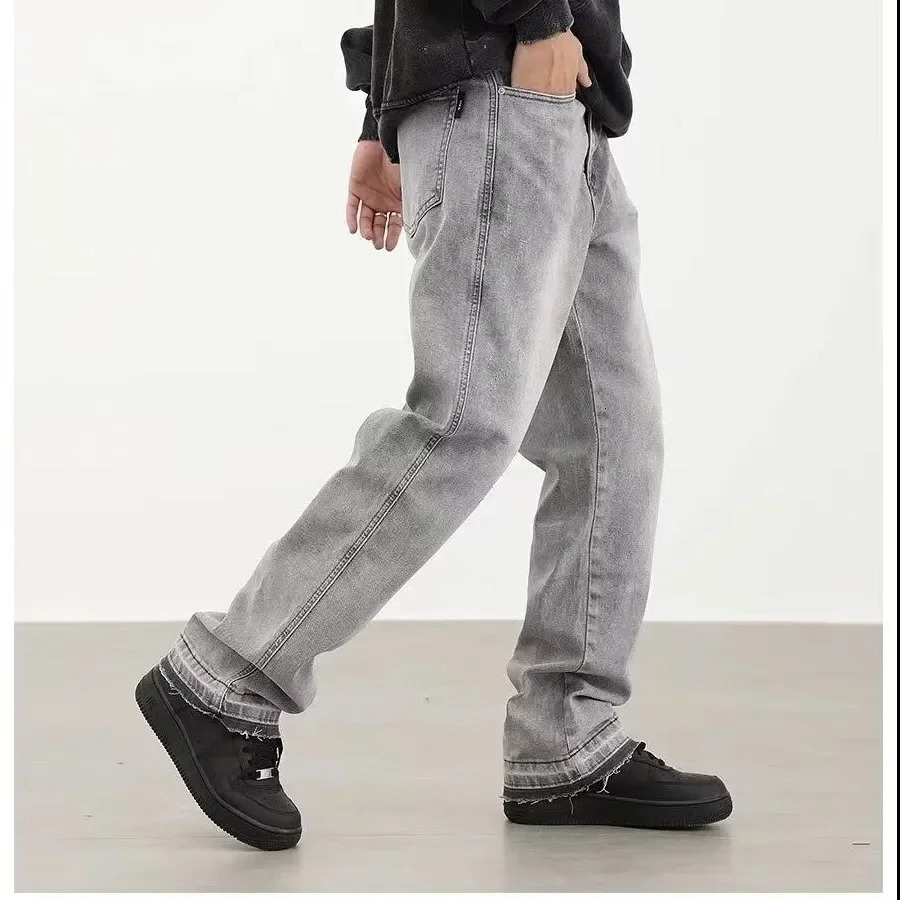 Light Grey Washed Mens Loose Straight Leg Jeans Tapered Hem Long Summer Thin American High Street Style Casual Pants 251008