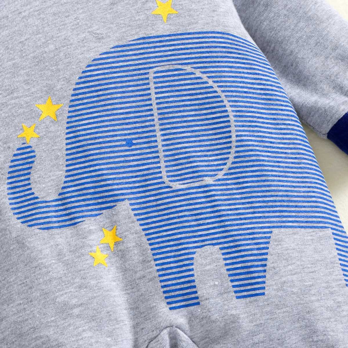 Grayblue footed onesie with elephant print hat for baby boys suitable for autumn and winter C251009