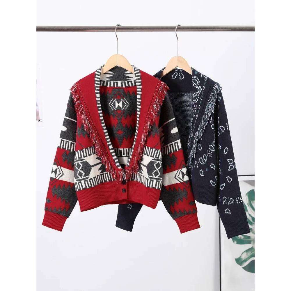 Tassel Patchwork Printed Cardigan Women Turn-down Collar Long Sleeve Knitted Fashion Lady Sweater Vintage 2025 Autumn Cardigans