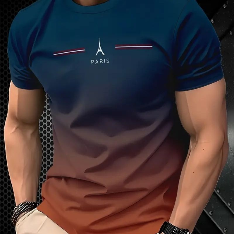 Men's Paris-Inspired Gradient Color Block T-Shirt - Eiffel Tower Graphic Casual Tee-34