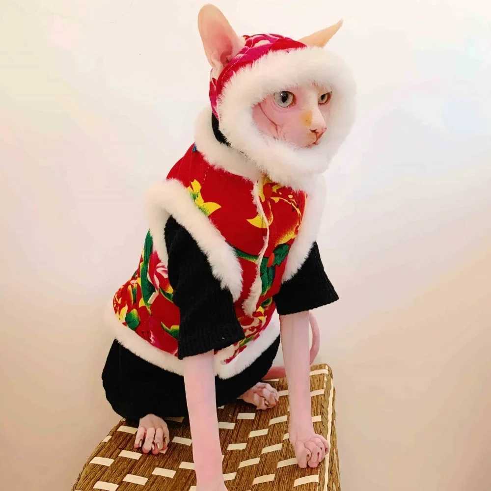 New Year Suit for Cat Traditional Chinese Costumes Warm Cheongsam Cotton Jacket for Sphynx Cat Thick Winter Vest for Kittens C251009