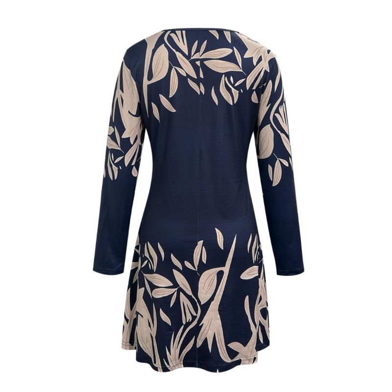Women's Autumn Winter Plant Print Long Sleeve Dress - Elegant Commute V - Neck Milk Silk Dress-CF52792