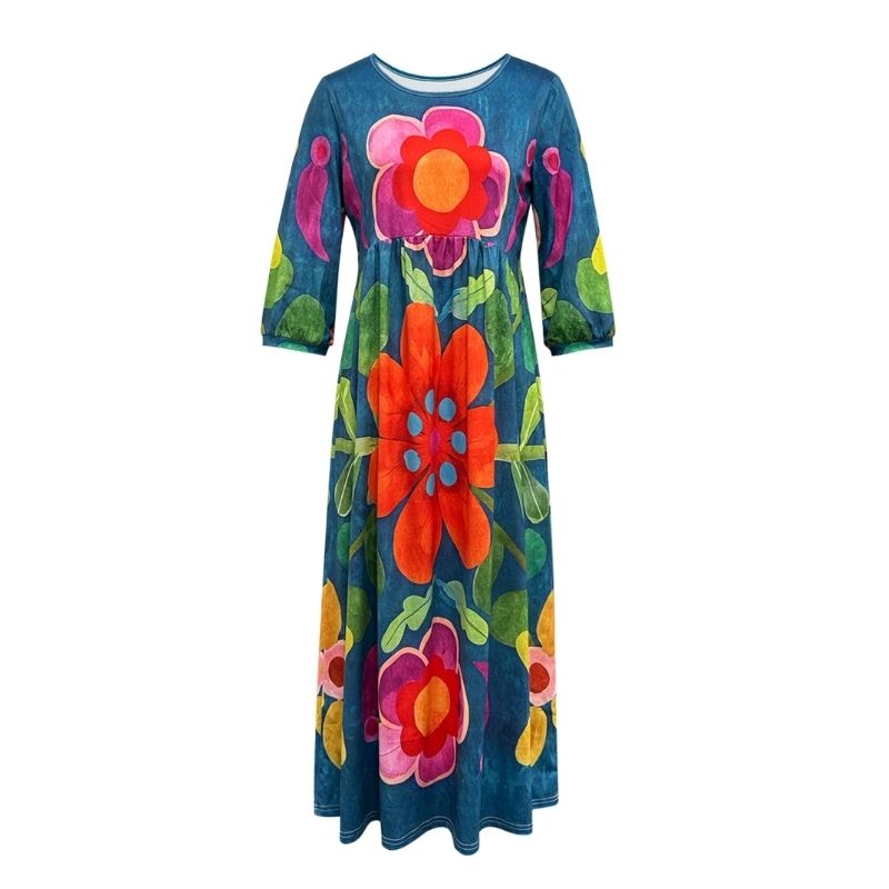 Women's Autumn New Plant Floral Print V - Neck Long Sleeve Maxi Dress - Elegant Vacation Milk Silk Dress-CF51116