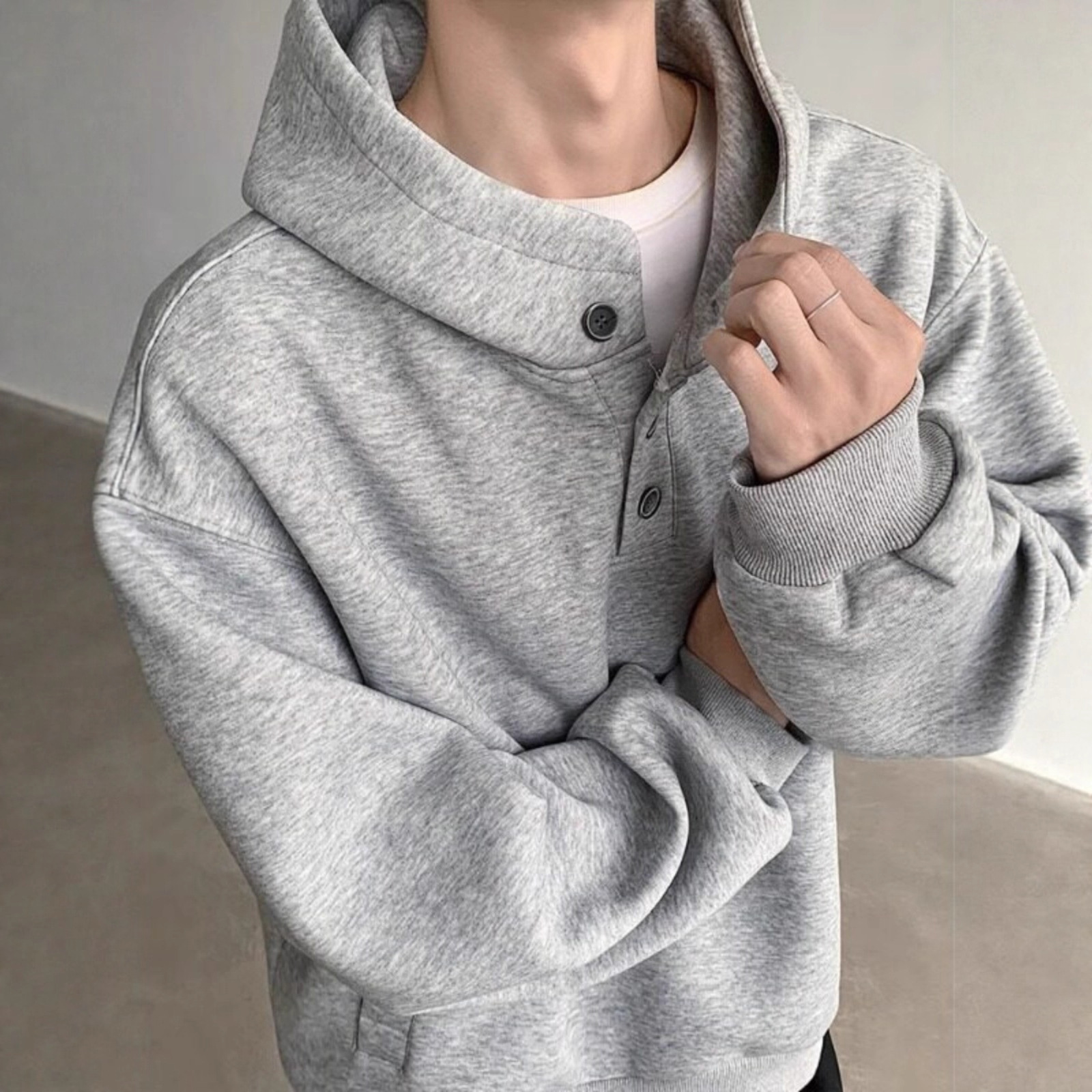 2025 Heavyweight Sturdy Button Henry Collar Hoodie Men's Designer Shirt Hooded Autumn Winter High-end American Designer Hoodie Cleanfit Jacket