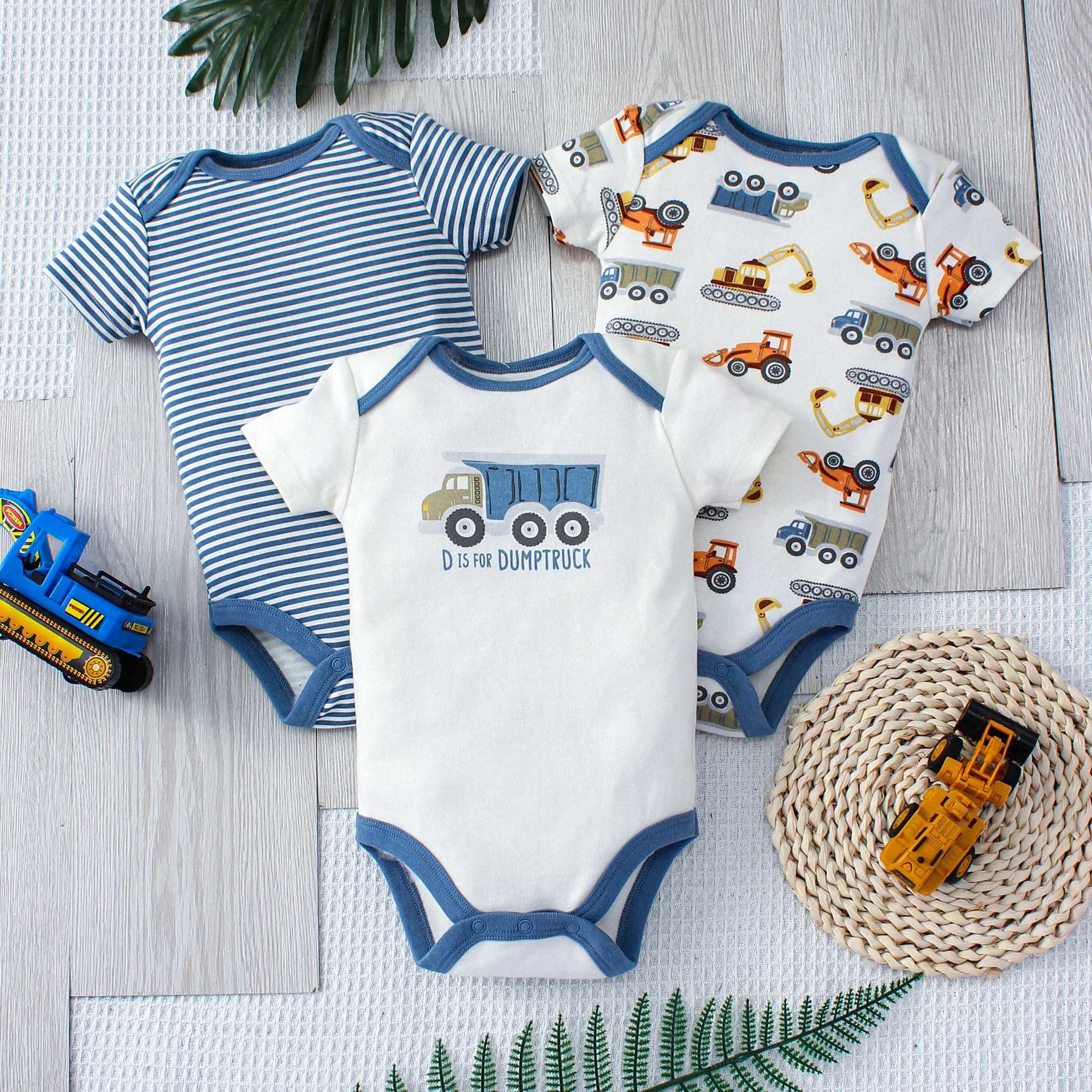 3PCS Summer Boys Baby Bodysuit Three piece Set Cartoon Truck and Stripe Pattern Short Sleeve Button Design Triangle Bodysuit C251009